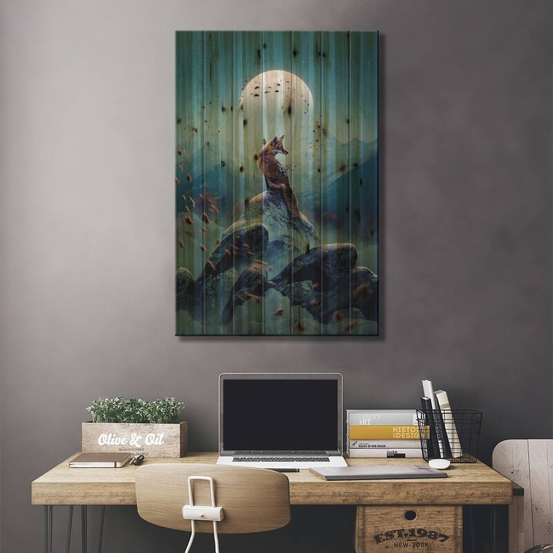 Winter Fox Print On Wood by Adam Cousins - Multi-Color