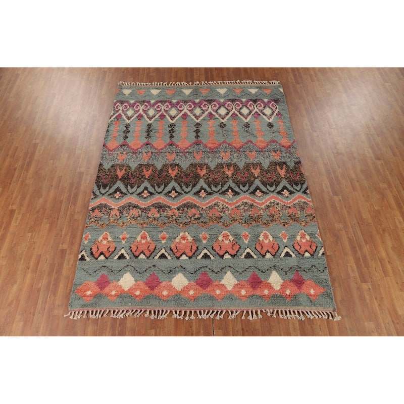 Geometric Moroccan Oriental Area Rug Hand-Knotted Wool Carpet - 7'11" x 10'7"