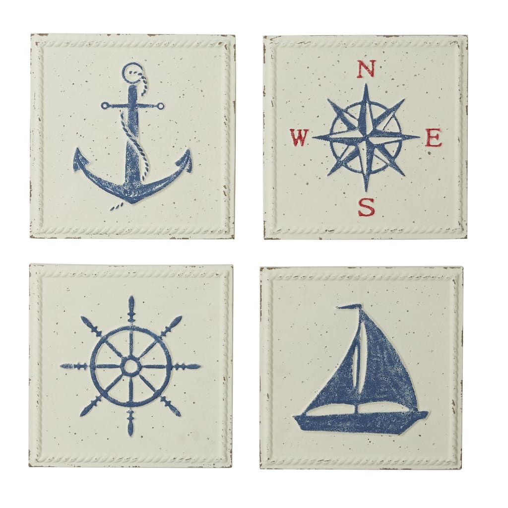 Metal Sail Boat or Sea Horse Speckled Home Wall Decor with Various Marine Life Designs - Set of 4 Cream - Roche River Decor