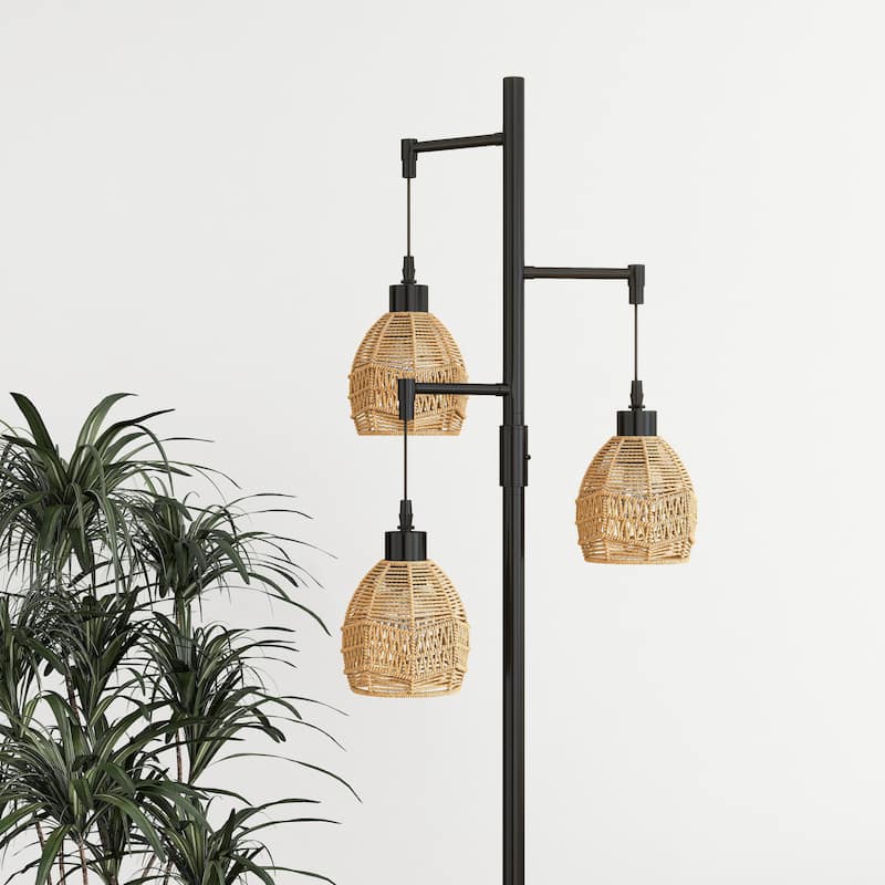 65" 3-Light Metal Floor Lamp With Rattan Cage Shades