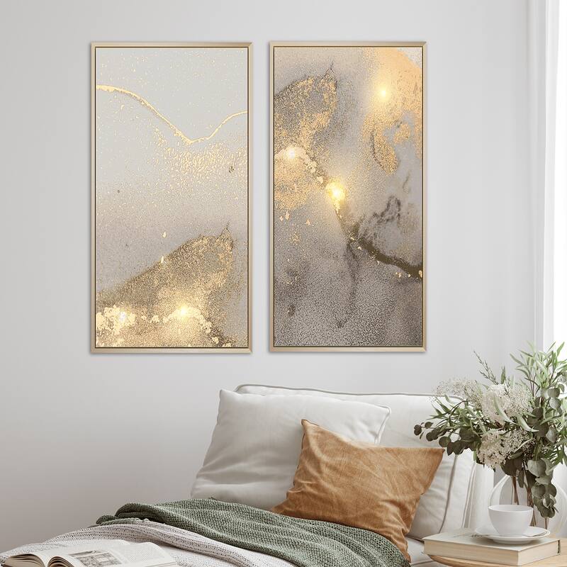 Designart "Grey & Gold Marble Liquid Art II" Abstract Framed Art Set of 2 Pieces - 40 in. Wide x 40 in. High - Panels - Brown