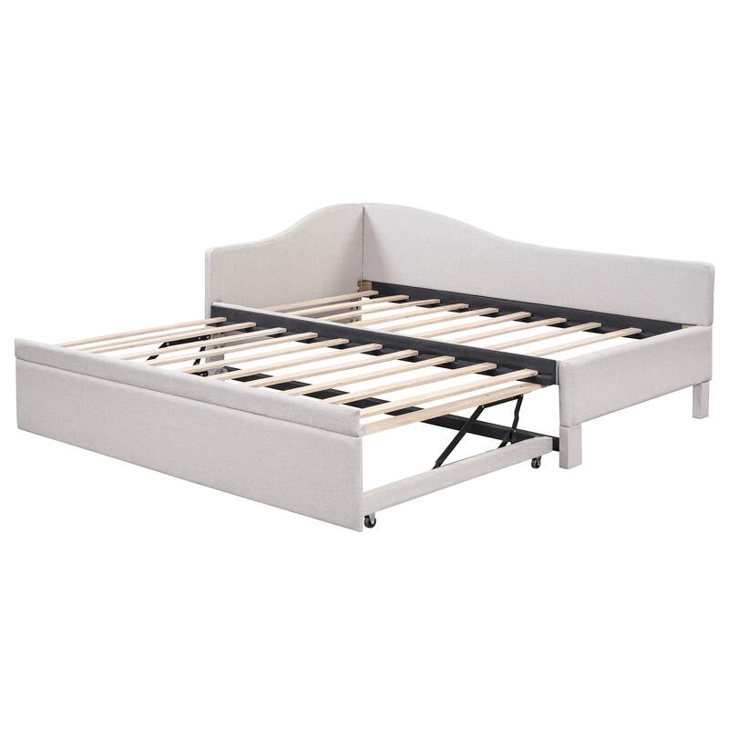 Twin Size L-Shaped Upholstered Daybed with Pop-Up Trundle, Beige