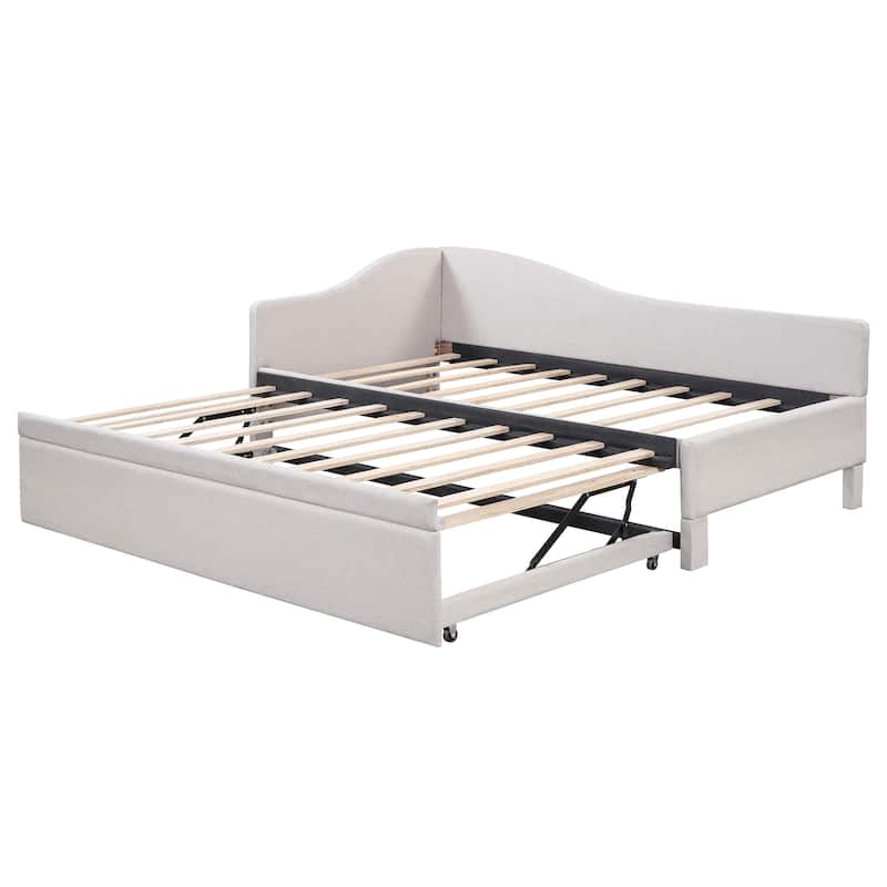 Twin Size Upholstered L-Shaped Upholstered Daybed with Pop Up Trundle, Beige