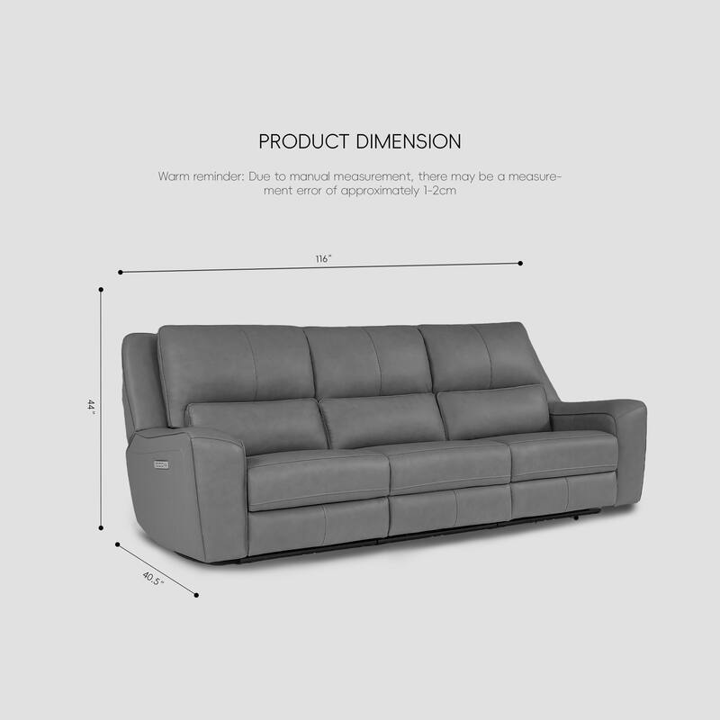116" W Top Grain Leather Triple-Power Oversized Width Seat Sofa with Ajustable Headrest, USB & USB-C Charging