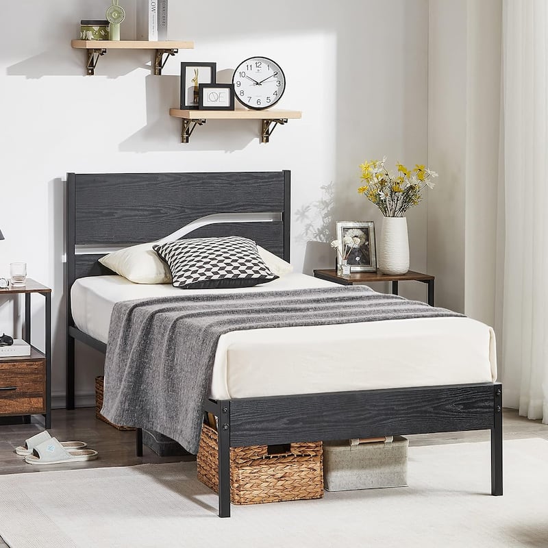 VECELO 2 Pack Twin Size Kids Bed Industrial Platform Bed Frame with MDF Curved Cutout Headboard Twin Size Bed Set of 2