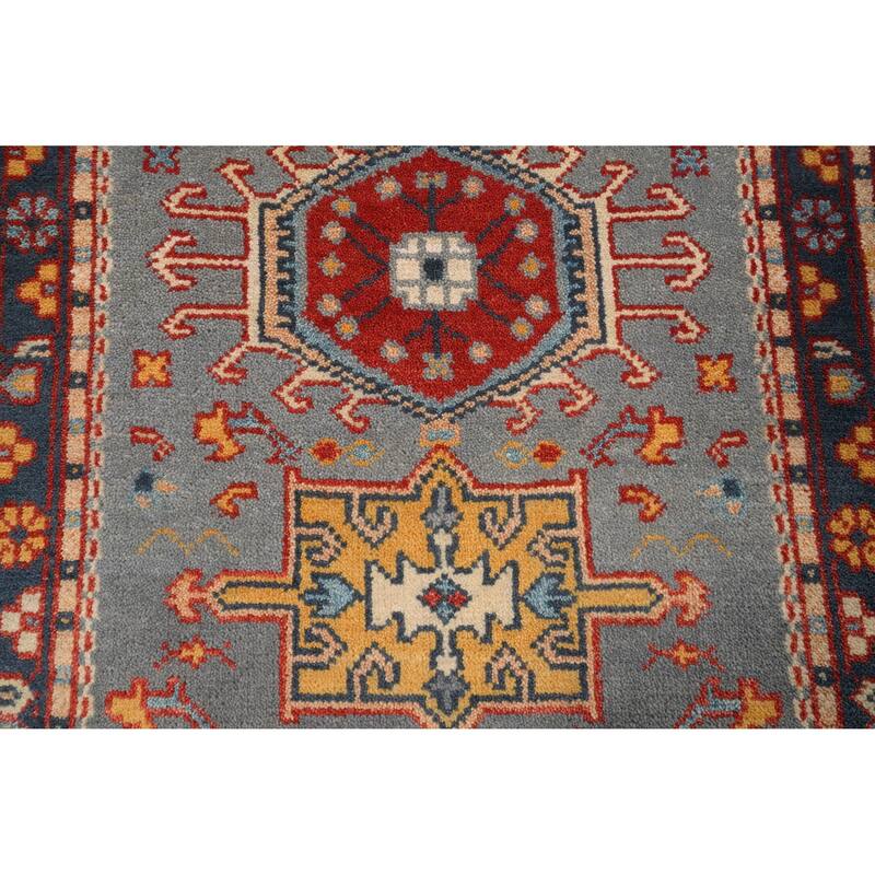 Hand Knotted Oriental 100% Wool Carpet Traditional Geometric Navy Blue & Blues Kazak Area Rug - 5' 1'' X 2' 11''