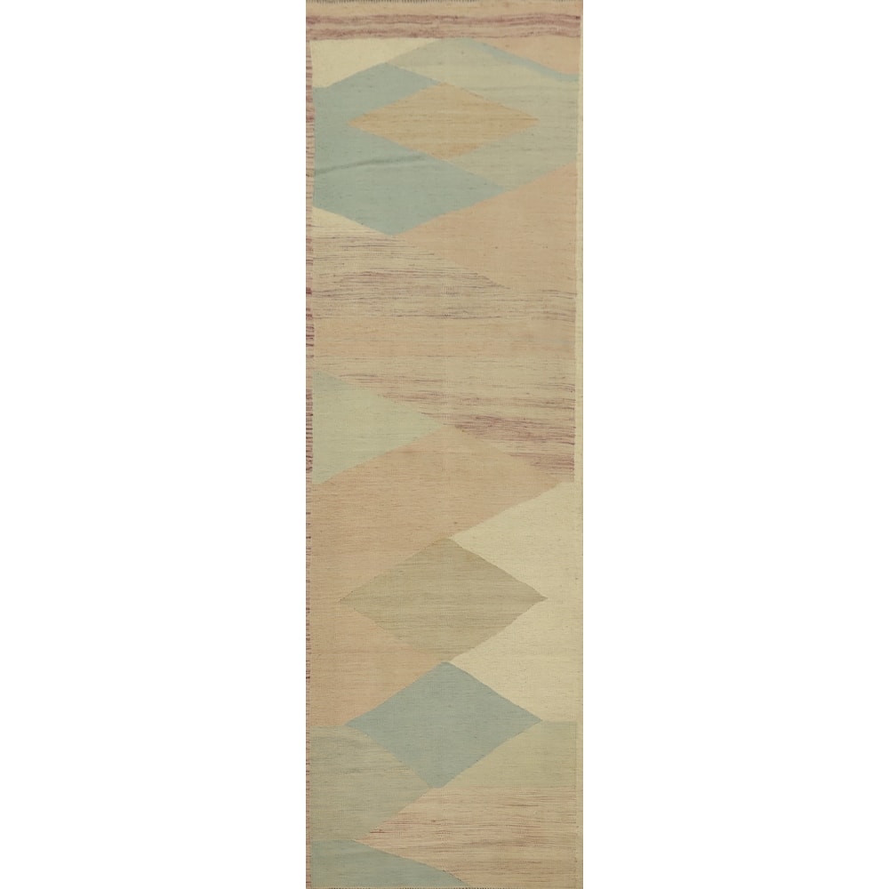Hand Woven Oriental 100% Wool Carpet Southwestern Modern Multi-Colored Kilim Runner Rug - 11' 4'' X 2' 7''