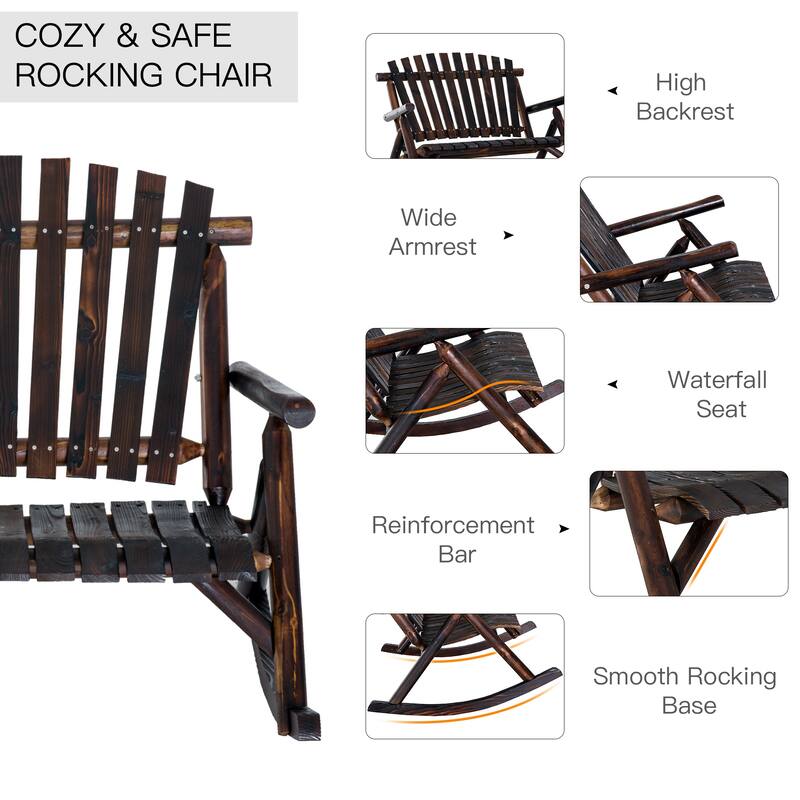 Outsunny 2-Person Wooden Rocking Chair Adirondack Rocker Bench with Rustic Style, Slatted Design