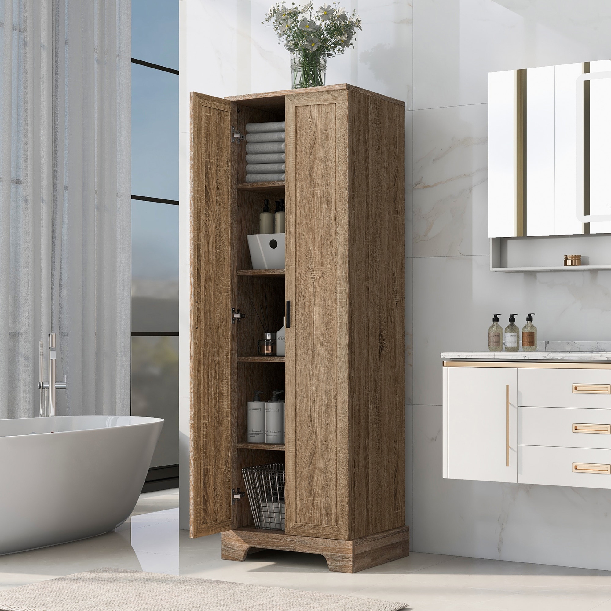 HOMCOM 54 Tall Bathroom Storage Cabinet, Freestanding Linen Tower with  2-Tier Shelf and Drawers, Narrow Side Floor Organizer, Brown