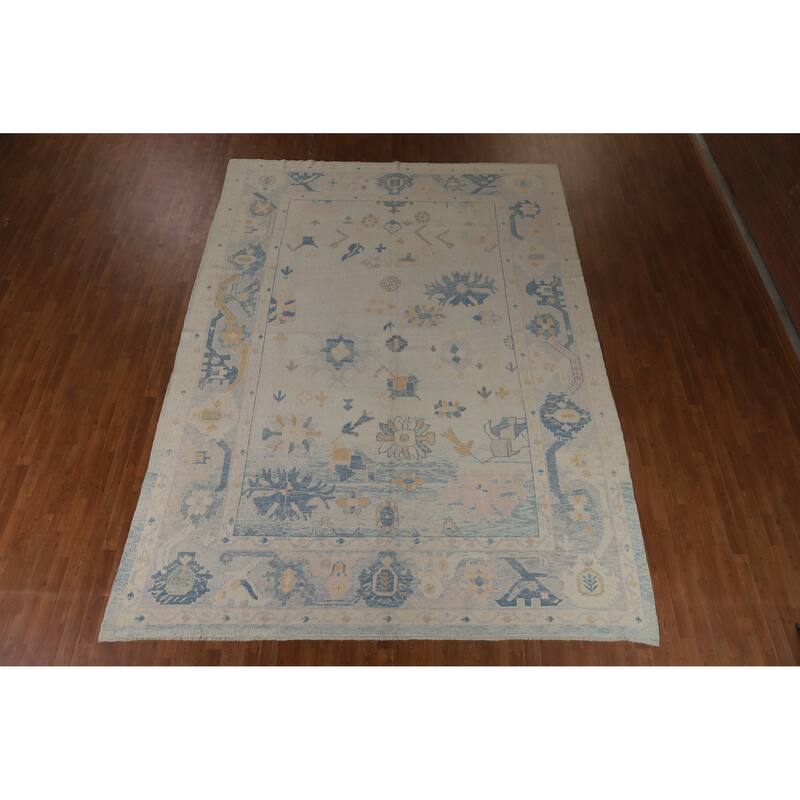 Hand Knotted Oriental 100% Wool Carpet Transitional All-Over Beige & Ivories Oushak Area Rug - 12' 8'' X 9' 6''