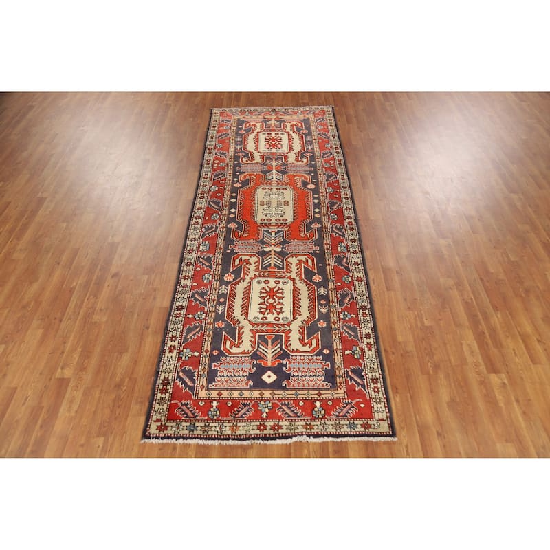 Hand Knotted Oriental 100% Wool Carpet Traditional Geometric Navy Blue & Blues Meshkin Runner Rug - 10' 6'' X 3' 10''
