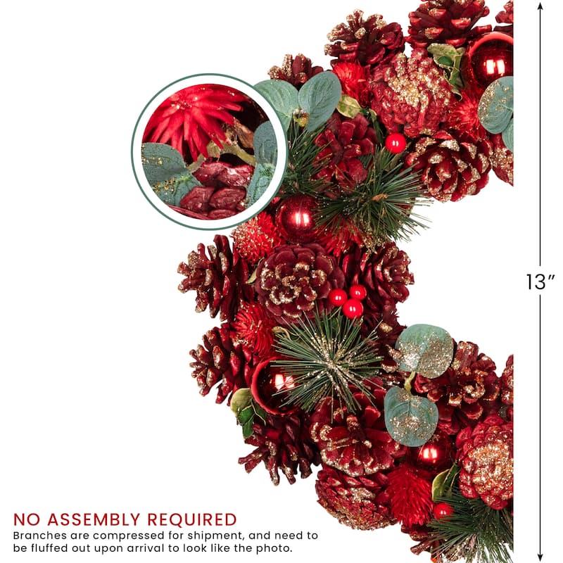 Pinecone, Berry and Ball Ornament Glittered Artificial Christmas Wreath - 13" - Unlit