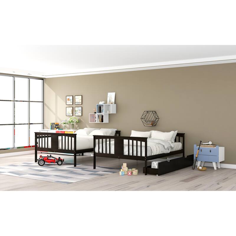 Full Size Bunk Bed with Storage Drawers, Sturdy Wood Construction, Convertible into Two Full Beds