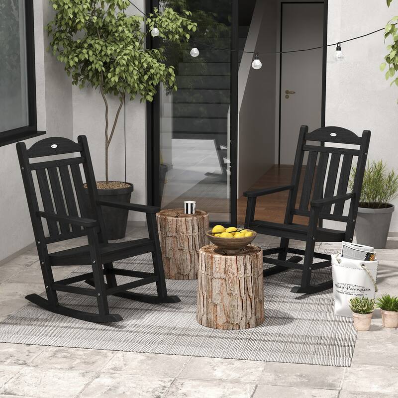 Outsunny 2 Pieces Outdoor Rocking Chair, All Weather-Resistant HDPE Rocking Patio Chairs with Rustic High Back, Armrests - Black