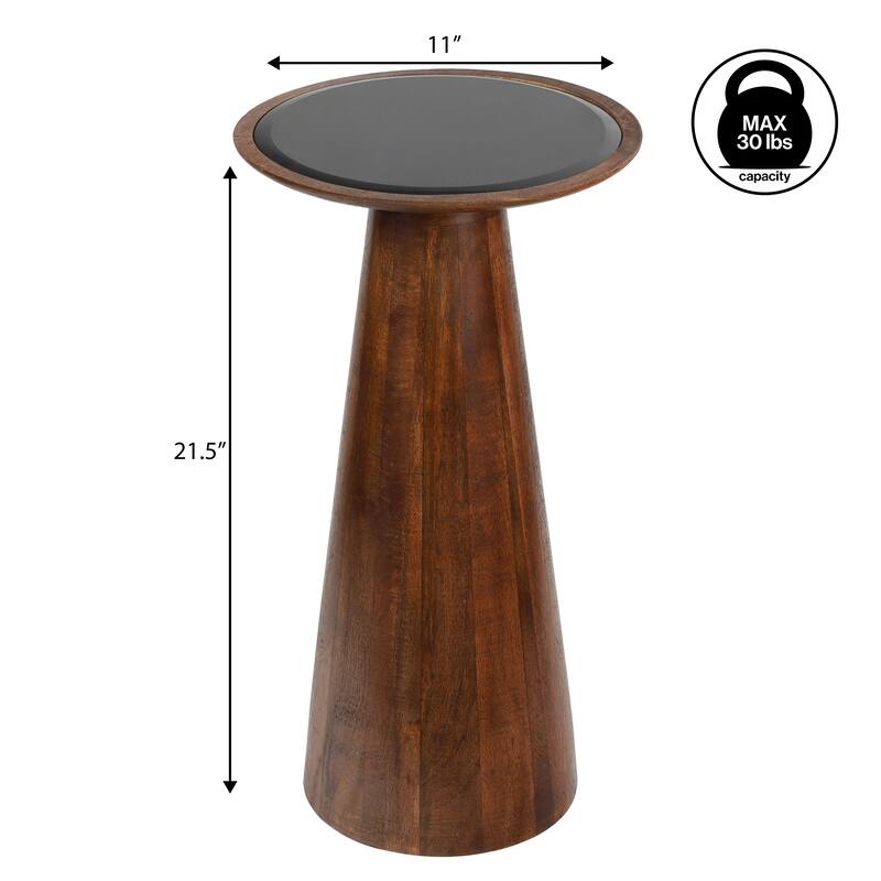 Linden 21.5" Industrial Mango Wood Drink & End Table w/ Black Glass & Cone Base, By JONATHAN Y