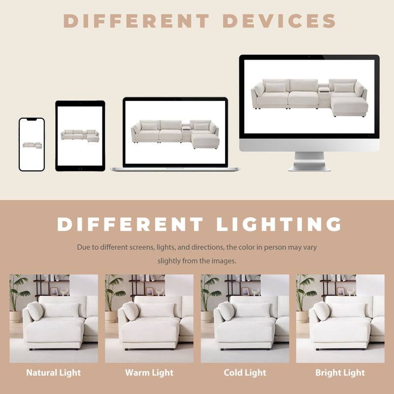 Roomfitters 124'' L-Shaped Sectional Sofa with Storage Console, Charging Station, Modular Couch with Ottoman, Chenille
