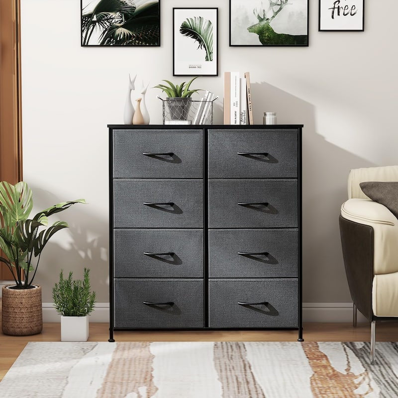 Dresser for Bedroom with 8 Drawers, Anti-Tip Tall Fabric Chests Storage Organizer Tower Furniture with Wooden Top Metal Frame
