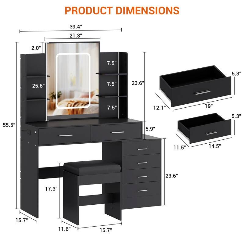 Makeup Vanity with Mirror, 6 Drawers, Shelves, Charging Ports, Hairdryer Holder, Stool