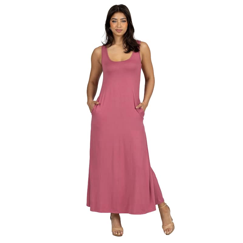 24seven Comfort Apparel Scoop Neck Sleeveless Maxi Dress with Pockets - Rose - M