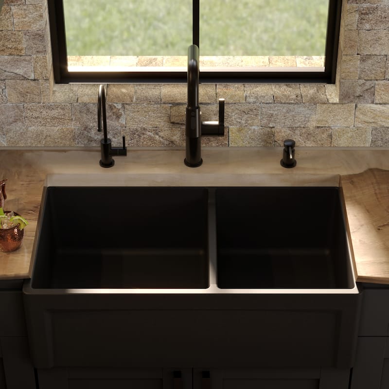 Karran 33" Double Bowl Panel Front Farmhouse Fireclay Kitchen Sink with Reversible Apron Front