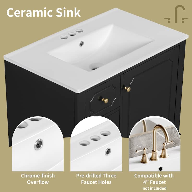30" White Bathroom Vanity Set - Ceramic Sink Cabinet with 3 Drawers, Solid Wood Frame & Soft-Close Doors