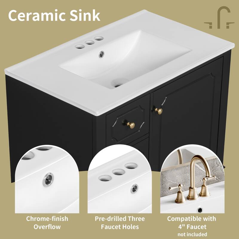 GDFStudio 30" Freestanding Bathroom Vanity with Ceramic Sink and Storage Drawers - 30" W x 18" D x 33.8" H