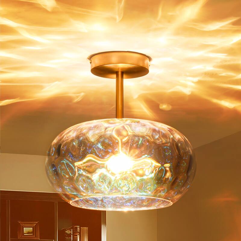 11.8" 2-Light Luxury Gold Semi-Flush Mount Ceiling Light with Hammered Glass Shade for Hallway, Bedroom