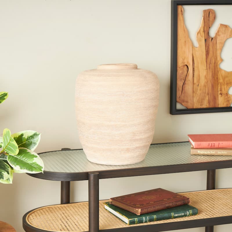 Beige Ceramic Wide Textured Vase - Beige - 13"W,16"H