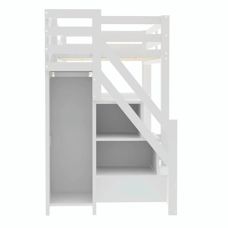 Loft Bed with Shelves, Storage Staircase, Small Wardrobe & White LED Light