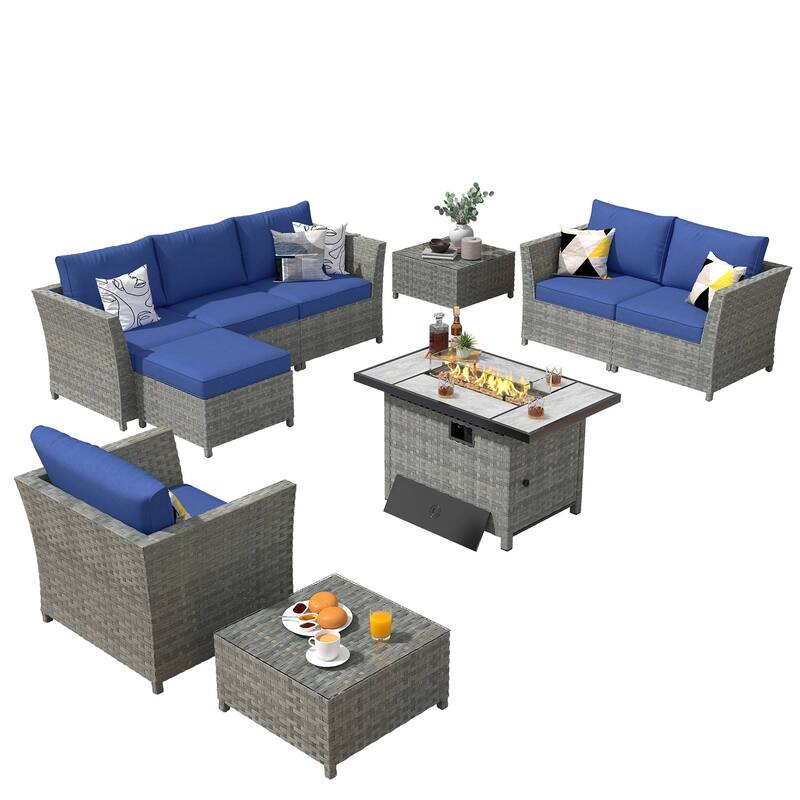 XIZZI 10-piece Patio Rattan Wicker Furniture with Rectangular Fire Pit
