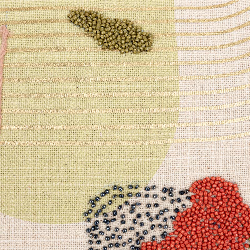 Cotton Slub Printed Lumbar Pillow with Hand-Embroidery and Beads