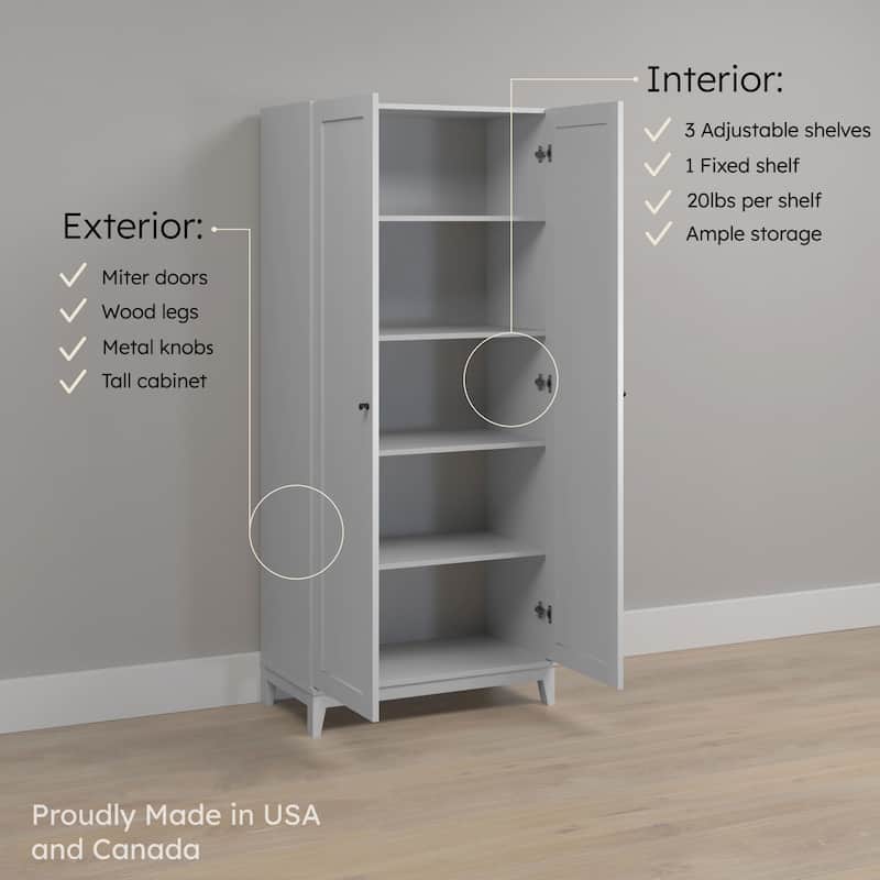 Prepac Yaletown 72" Tall Storage Cabinet with Wood Legs, Pantry Cabinet with 3 Adjustable Shelves - 32" W x 72" H x 16" D