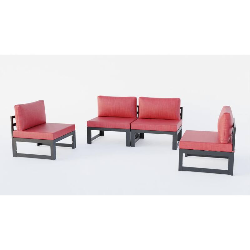 LeisureMod Chelsea 4-Piece Armless Patio Sectional Sofa Set with Cushions for Patio Porch Backyard Garden - Red
