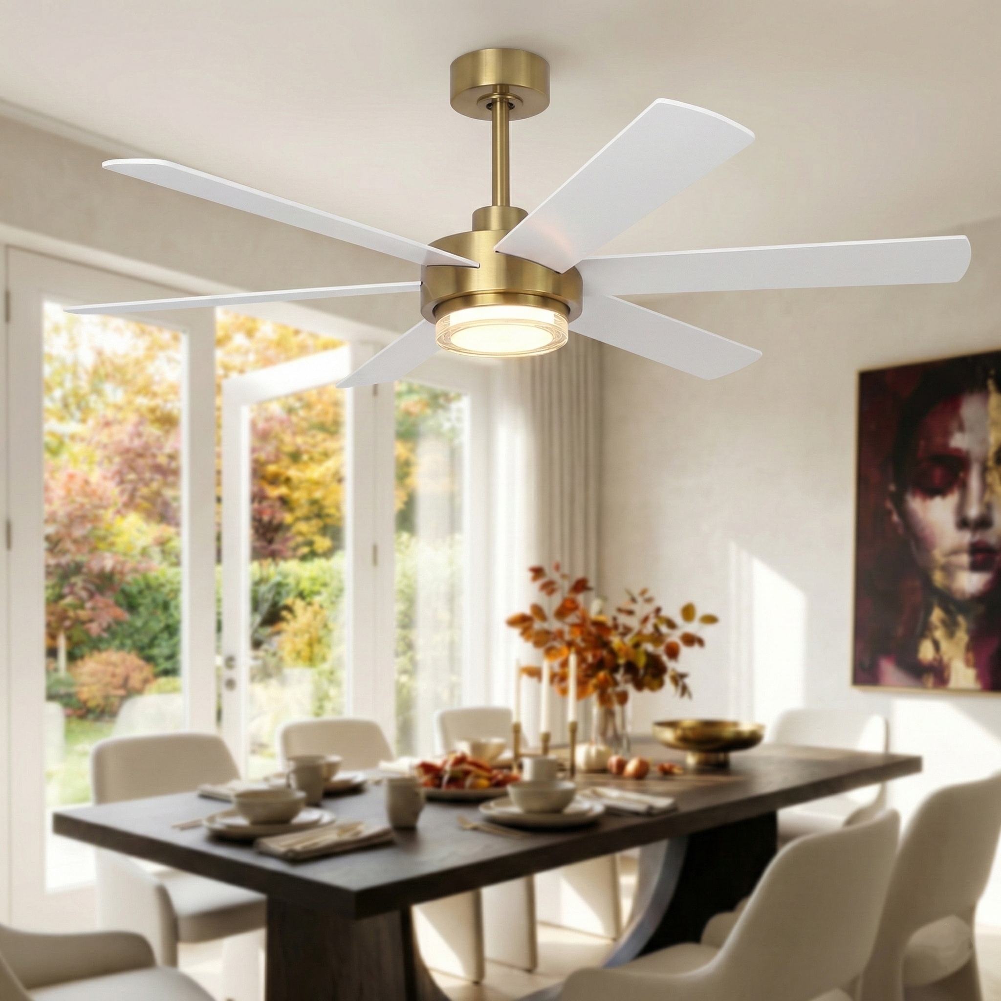 54" Gold Plywood 6-Blade Modern Dimmable Ceiling Fan with LED Light and Remote