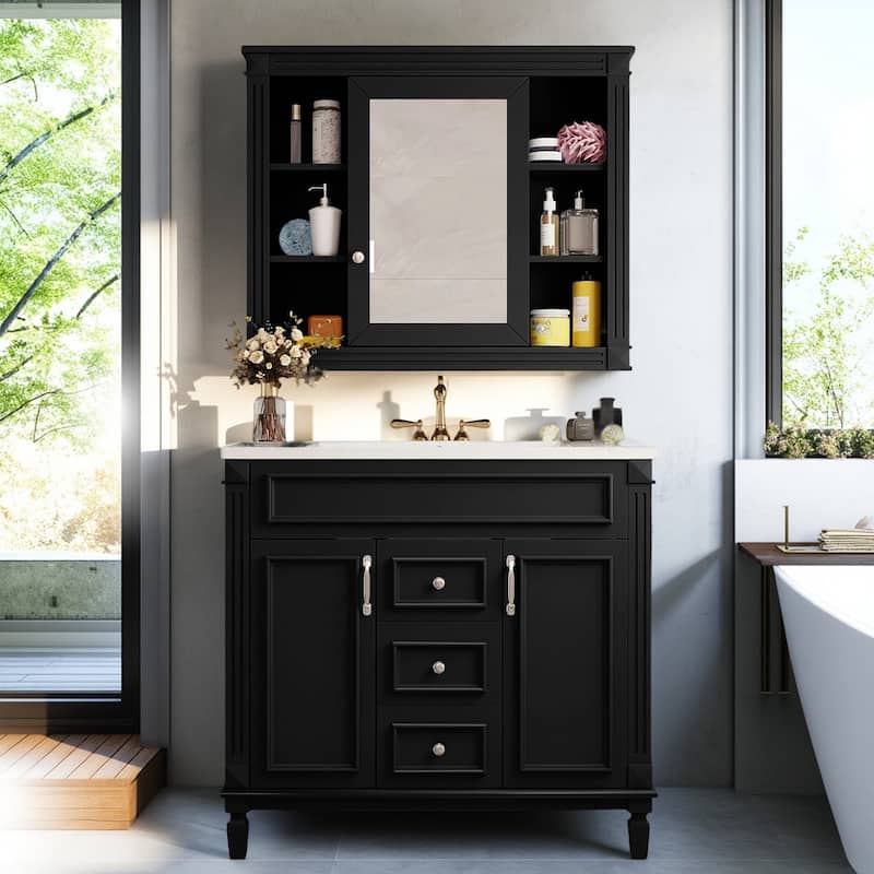 30" Ceramic Sink Bathroom Vanity with Gold Handles, Soft-Close Storage & Space-Saving Design