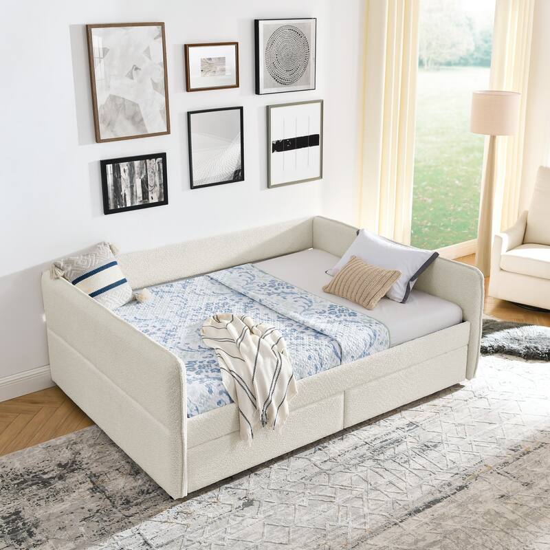 Upholstered sofa bed with drawers