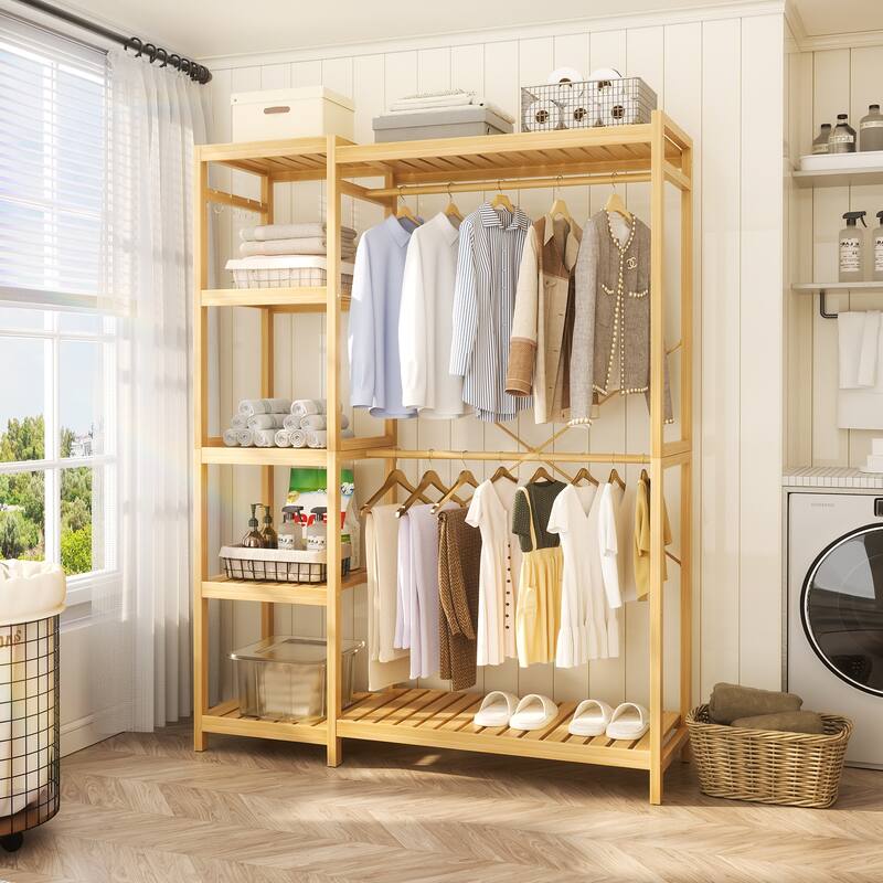 Bamboo Closet System Clothes Rack, Large Freestanding Garment Rack Clothing Rack for Hanging Clothes