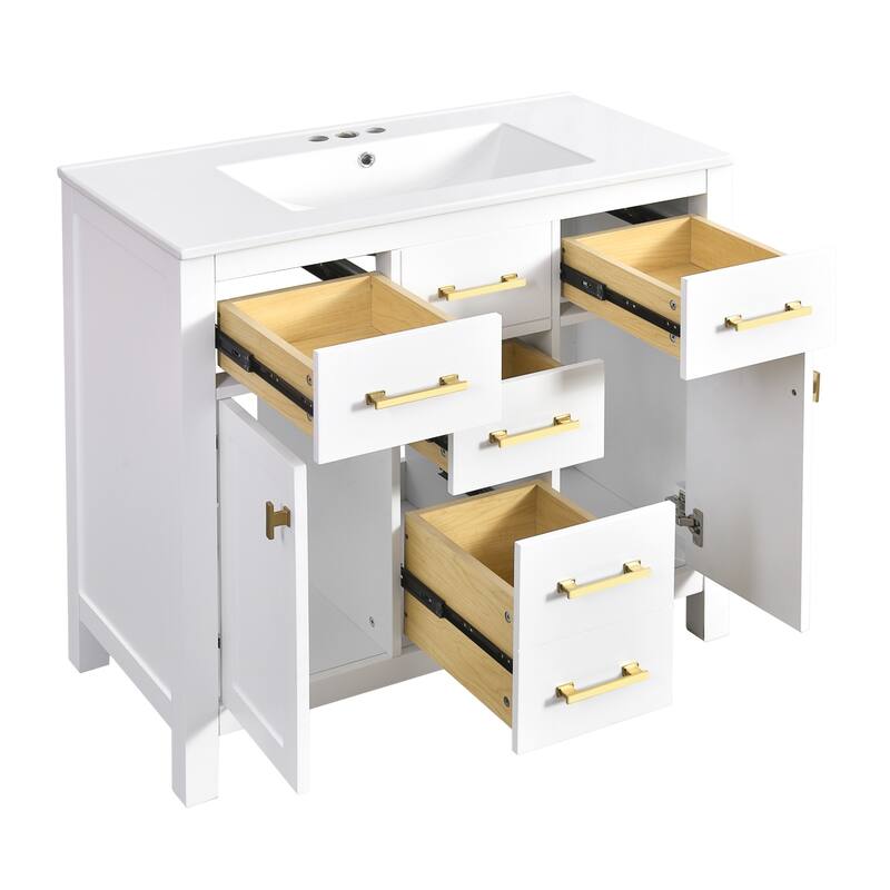 36" Bathroom Vanity with Ceramic Sink Set- Solid Wood Frame, Freestanding Storage Cabinet