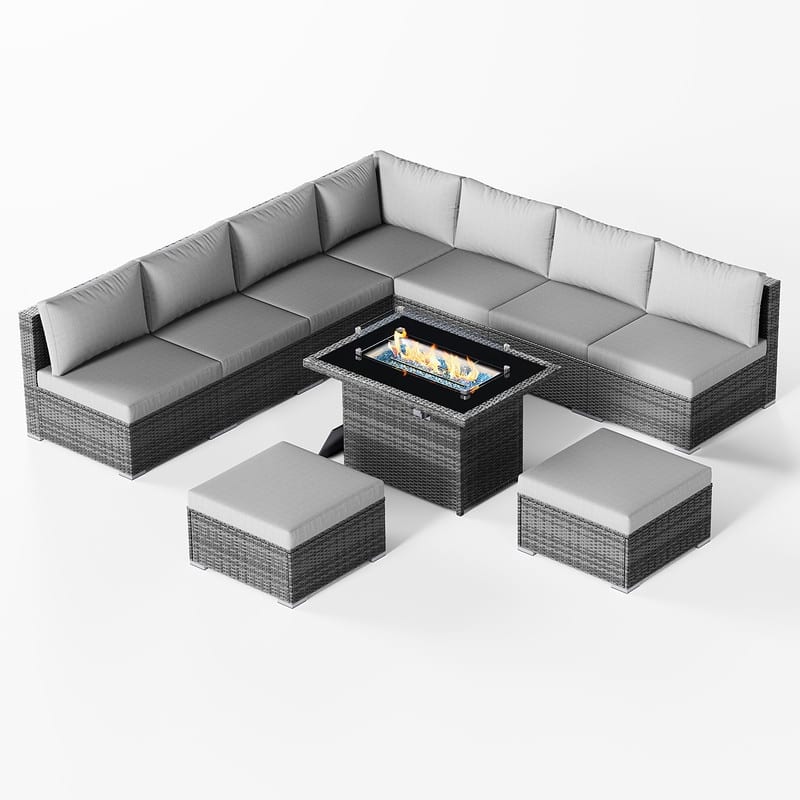 FINCATI 10-Piece Outdoor Wicker Sectional Furniture Set with Fire Pit Table for Backyard Patio - 10 PCS - Light Grey