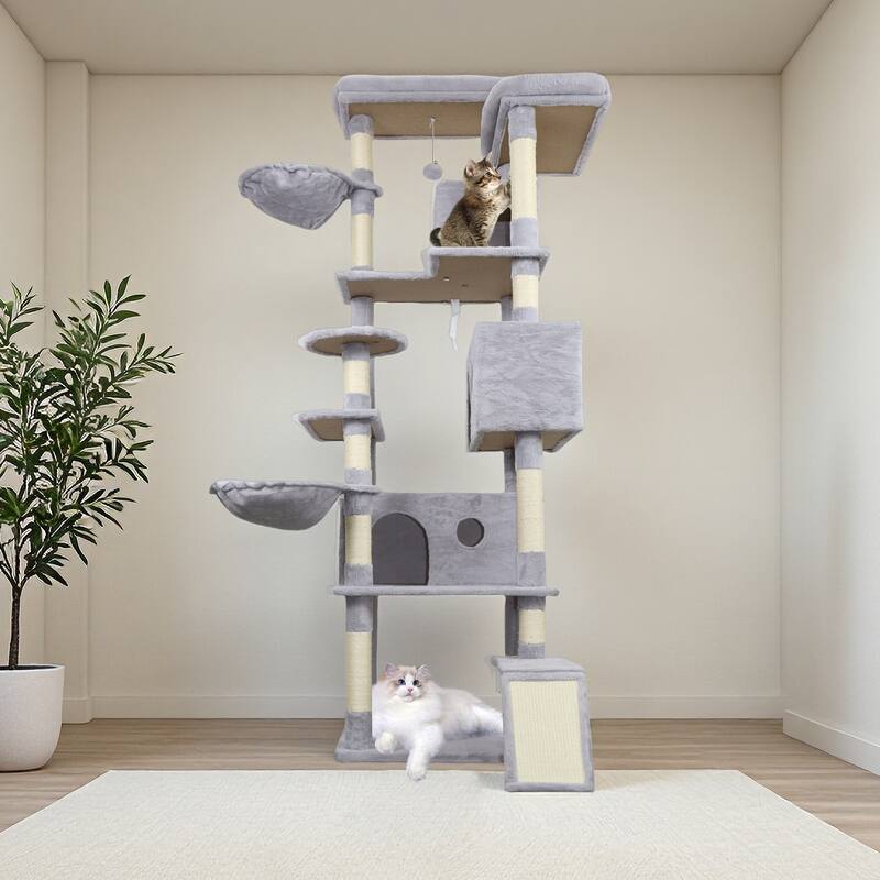 84.6 in Cat Tree Tower with Wide Base, 3 Large Hinding Condo, 11 Sisal Scratching Post, Sisal Scratching Ladder, 2 Hammocks