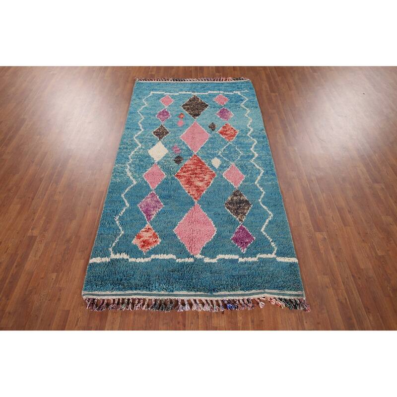 Turquoise Blue Moroccan Oriental Area Rug Hand-Knotted Wool Carpet - 5'0"x 9'1"