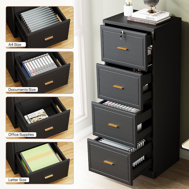 4-Drawer File Cabinet with Lock and Key, Vertical Filling Cabinet for A4/Letter/Legal Size Files