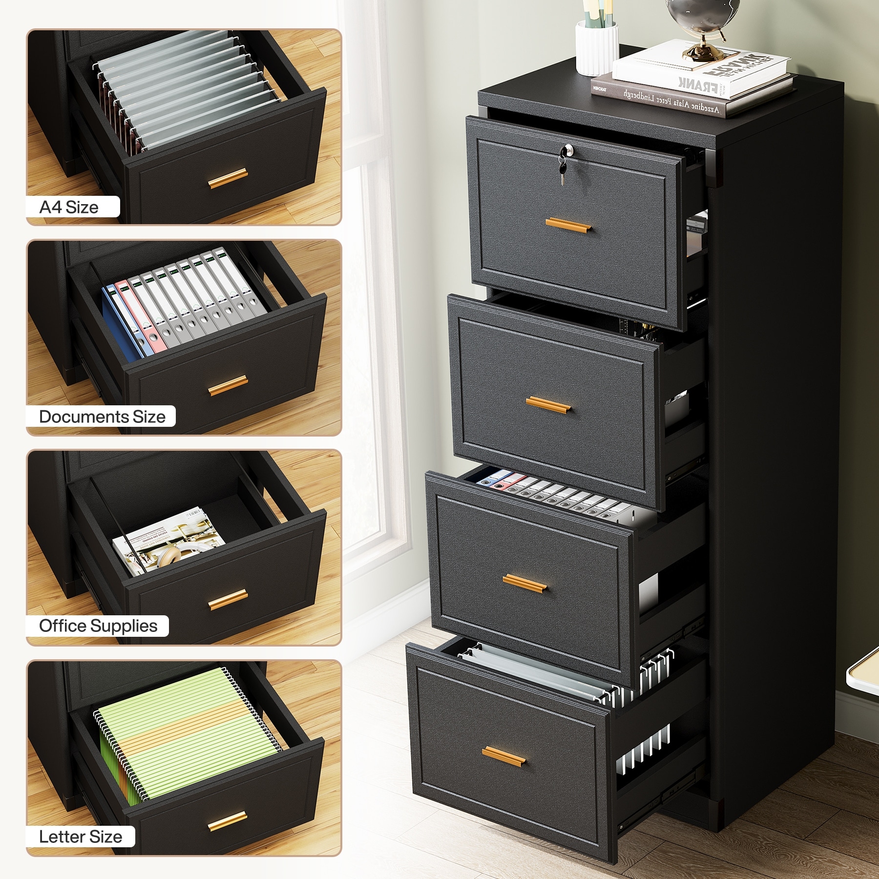 Vertical File Cabinet with 4 Drawers, Lockable Filling Cabinet