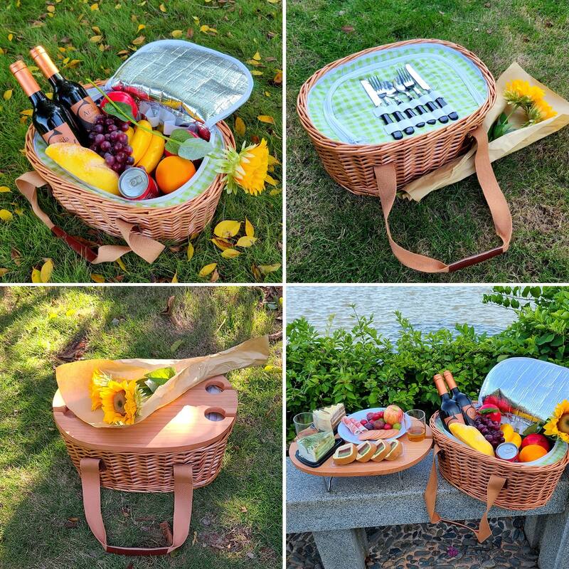 Wicker Picnic Basket Set for 2 with Mini Folding Wine Picnic Table & Large Insulated Cooler Bag & Cutlery Service Kits