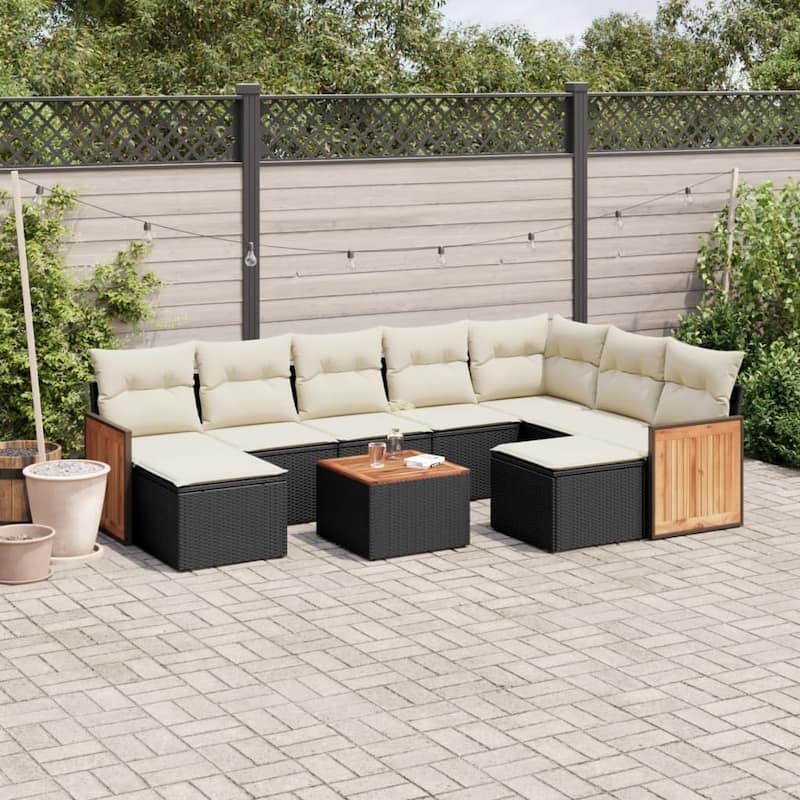 vidaXL Patio Sofa Set with Cushions Outdoor Conversation Furniture Poly Rattan - 21.7 x 21.7 x 14.6 in - Black and cream with table