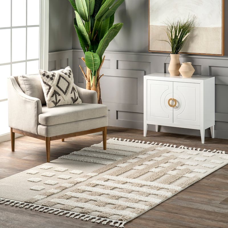 Nuloom Cordelia Fragmented Stripes Tasseled Area Rug - 5' x 7' 6" - Ivory - Rectangle