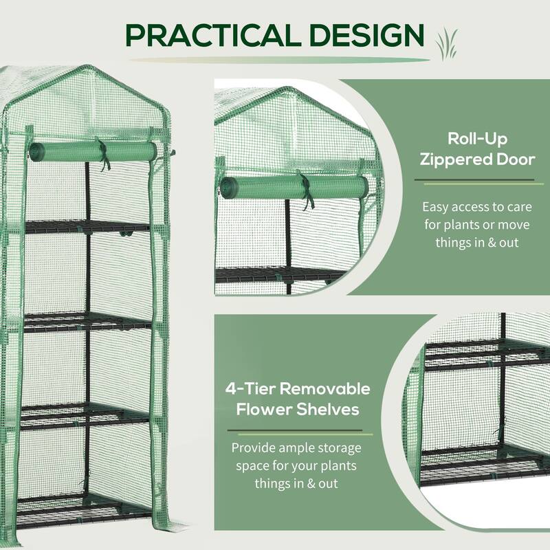 Portable Greenhouse, Outdoor Hot House Plant Flower Greenhouse with 4 Tier Shelves, Steel Frame, PE Cover, Dark Green