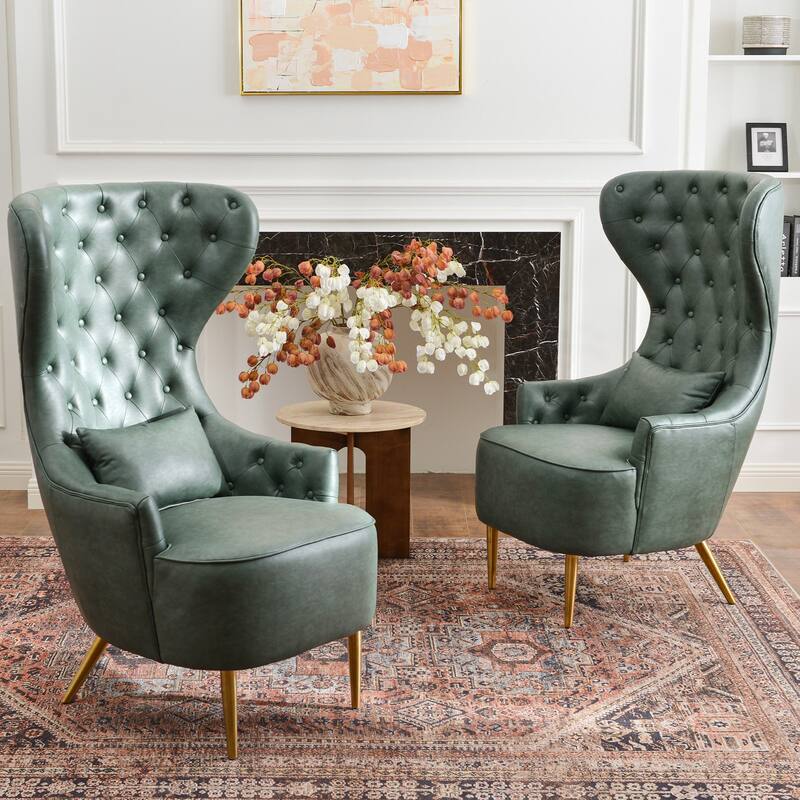 KINWELL Upholstered Tufted Faux Leather Wingback Chair PU Accent Chair