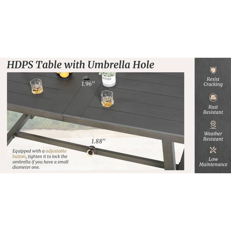 An Outdoor Dining Table Made Of Aluminum Alloy And HDPS With a 1.96-inch Umbrella Hole - 35.5" W x 70" L x 29.5" H