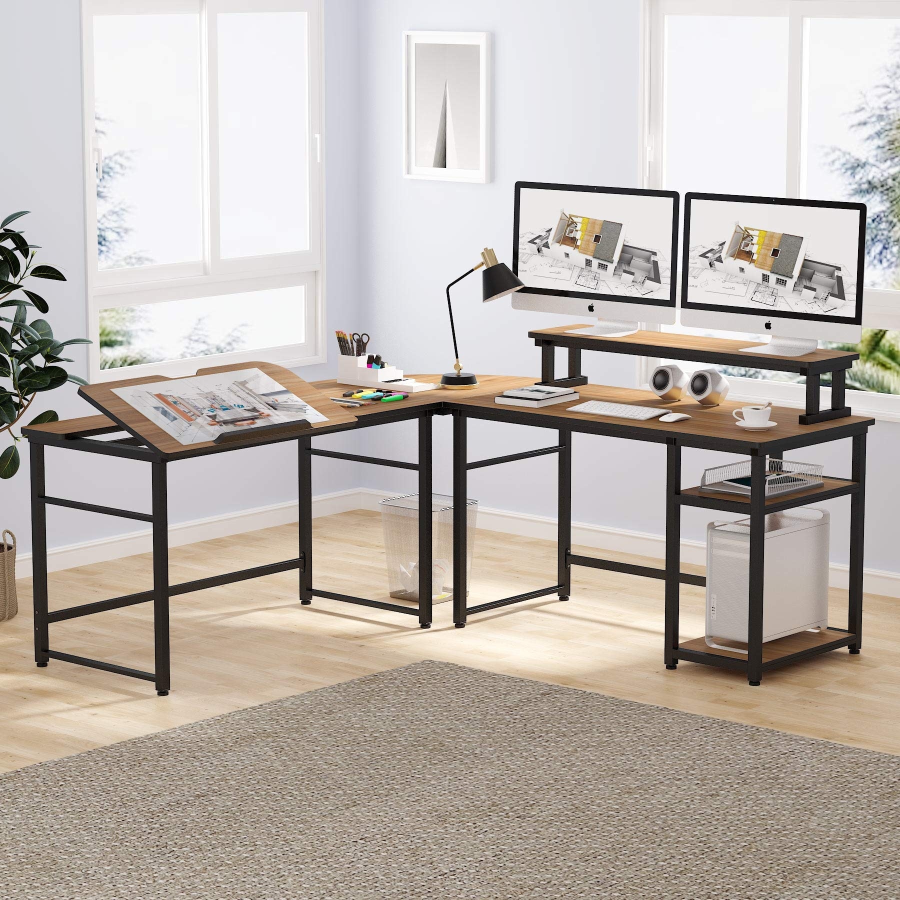 Tribesigns 70.8 inch Large L-Shaped Computer Desk with Monitor Stand